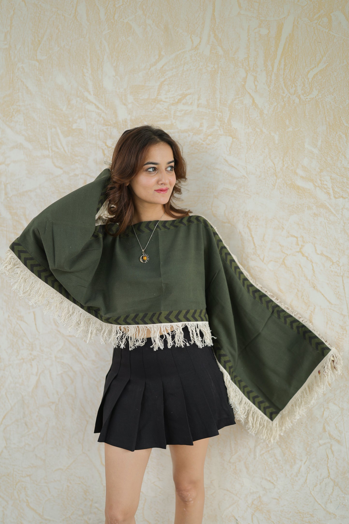 Green loom fringe top