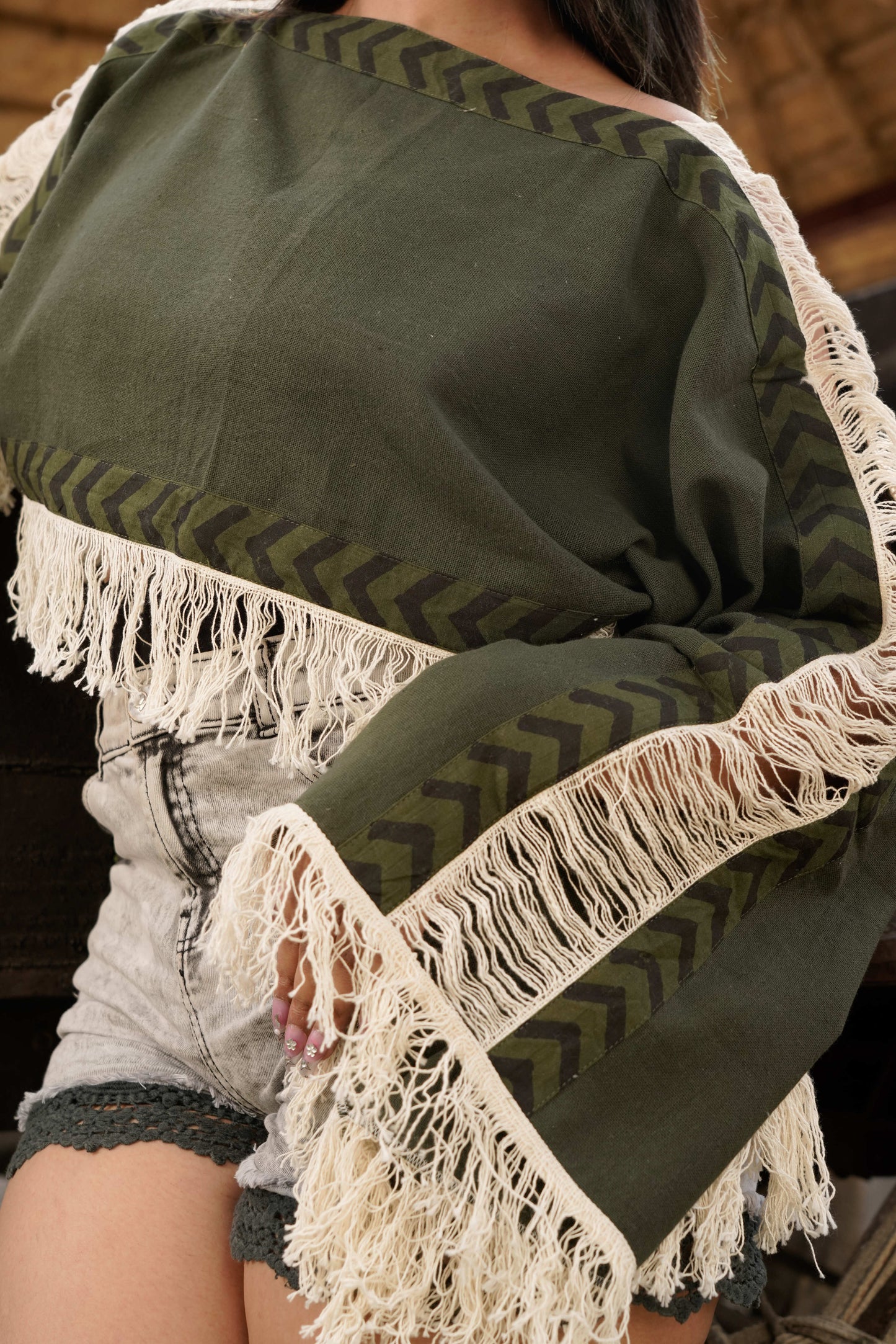 Green loom fringe top