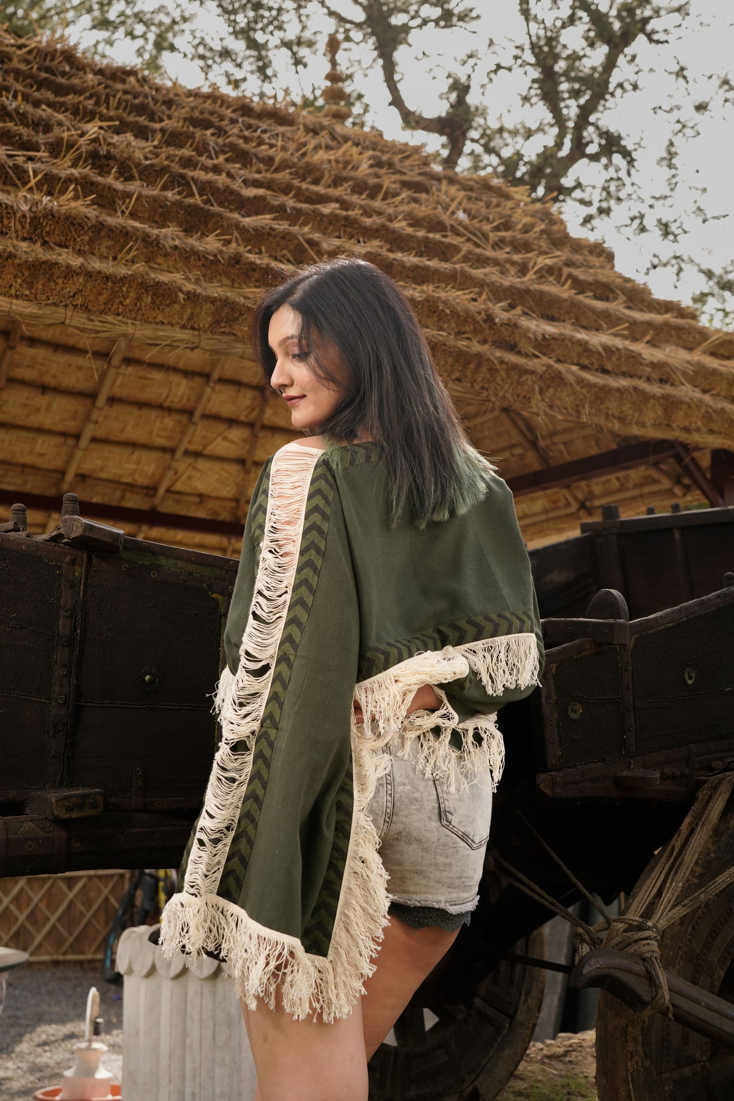 Green loom fringe top