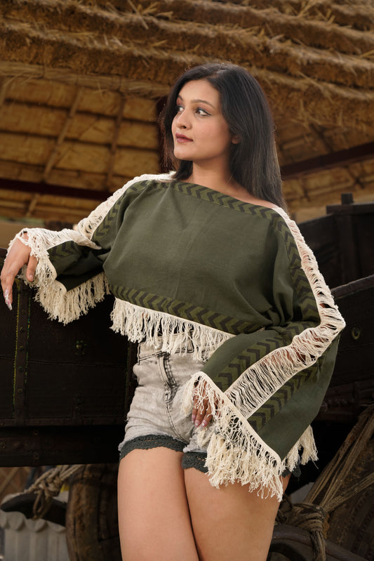 Green loom fringe top